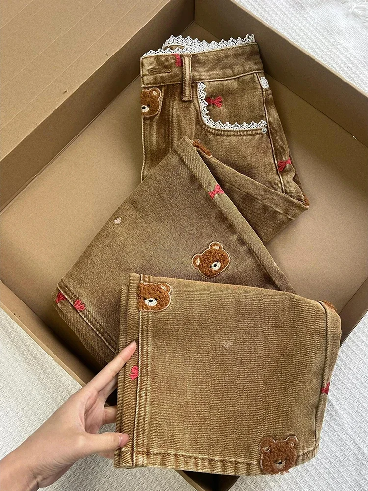 Sweet girl brown lace retro cute bear embroidery summer women high waist casual versatile loose straight wide-leg pants