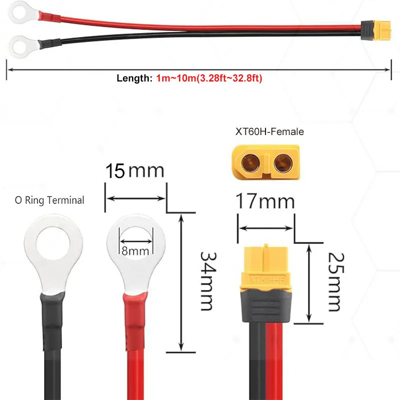 XT60 to O-Ring Terminal Cable XT60i Female to M8 O-Ring Terminal Plug Connector With 1m~10m (12AWG/10AWG Silicone Cable)
