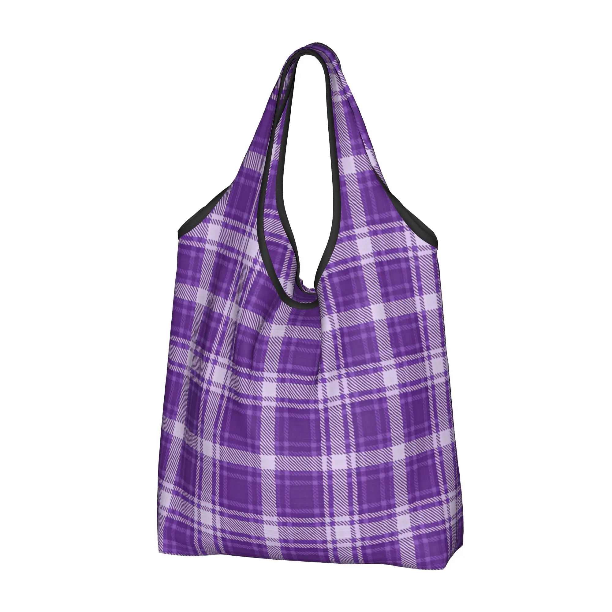 Fashion British Style Purple Tartan Plaid Shopping Tote Bag Portable Geometric Lines Groceries Shoulder Shopper Bag