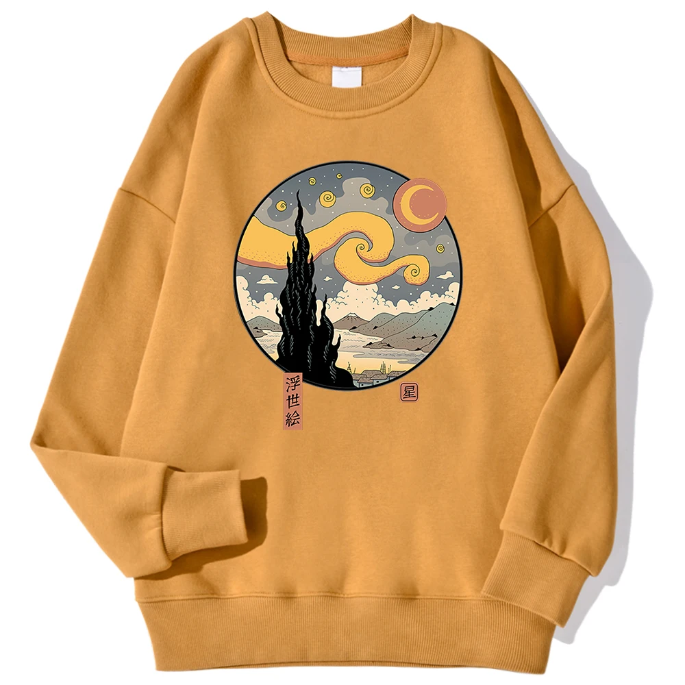 Japanese Style Starry Night Print Man Pullovers Simple Soft Hoodie Street Warm Autumn Sweatshirt Hipster Fit Fleece Sportswear