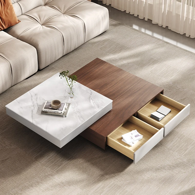 Rotatable Square Coffee Table with Stone Top Hot Sale Simple Designer Wooden Coffee Table Storage Living Room Center Table Set