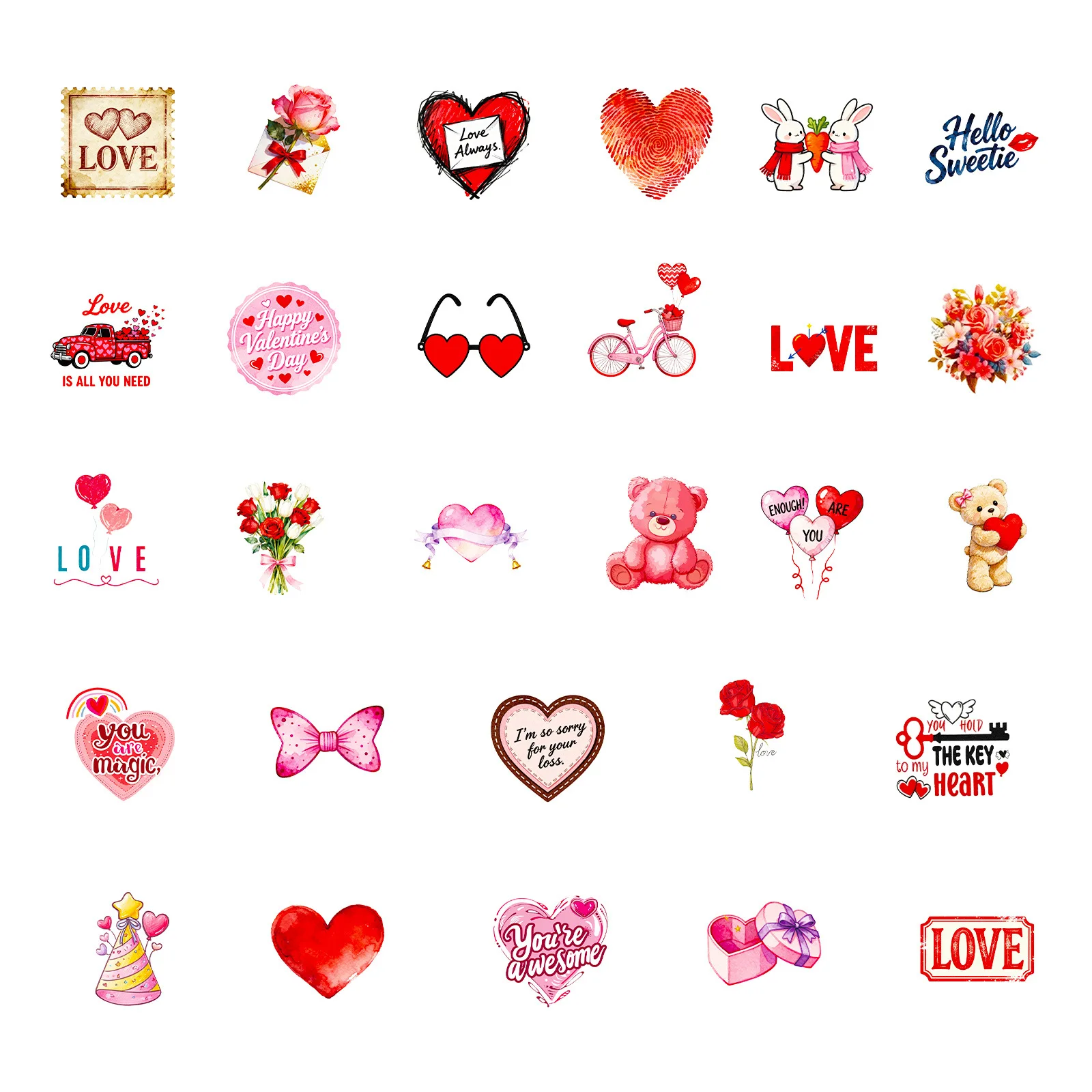 56PCS Cartoon Valentine's Day Hearts Love Graffiti Sticker DIY Decoration PVC Waterproof Skateboard Notebook Graffiti Toy