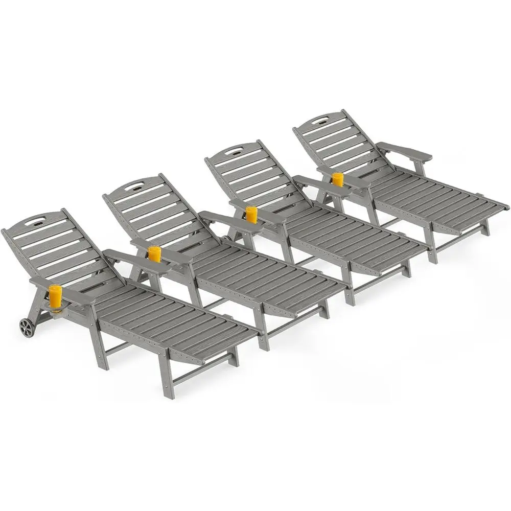 

All-Weather Outdoor Lounge Set of 4, Grey HDPE Chairs with Wheels and Cup Holders, Adjustable Positions for Patio or Poolside