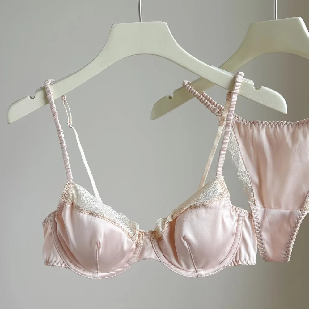French Sexy Romantic Lace Underwear Women's Satin Ultra-thin Soft Steel Rim Big Breasts Small Breasts Gathering Bra Set 32-38