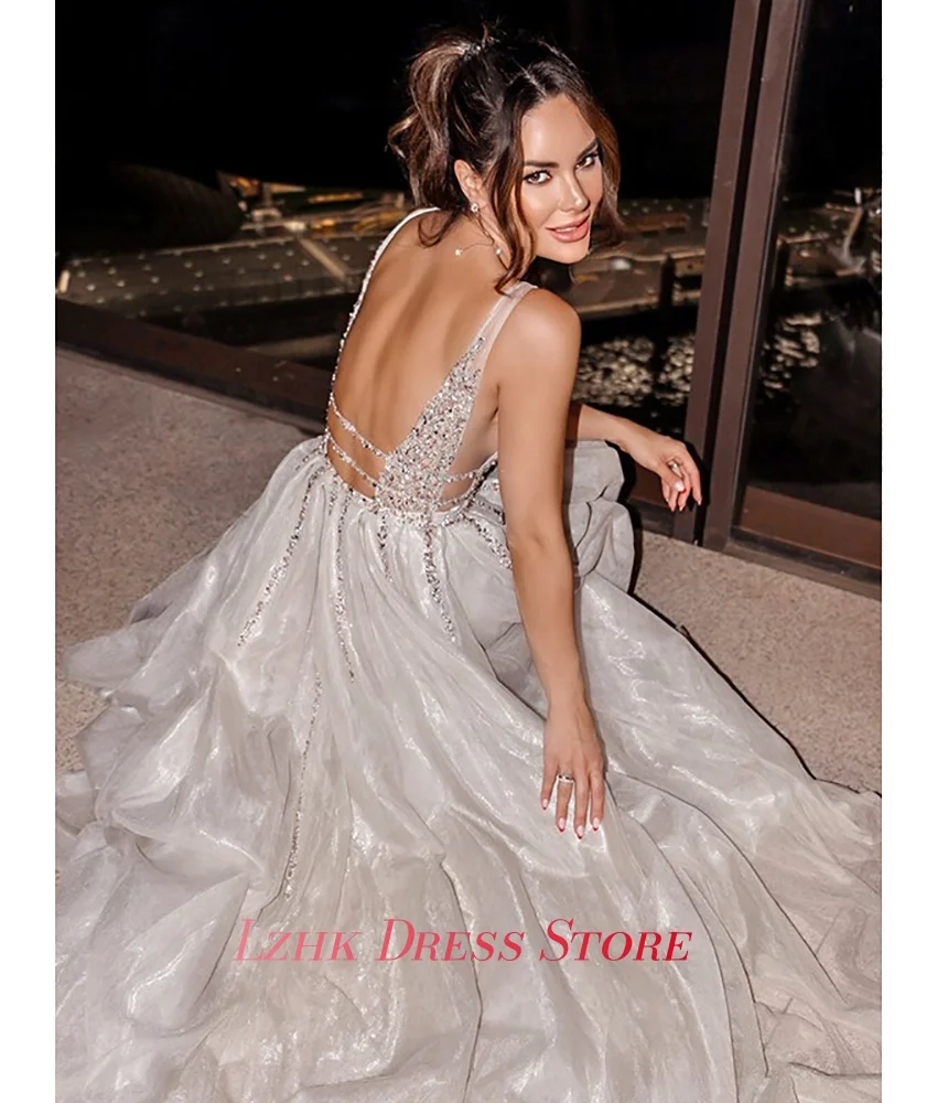 Robe de soirée de luxe personnalisée, paillettes, cristal, bretelles Spaghetti, ligne a, Organza, haute qualité, sans manches, robes d'occasion spéciale