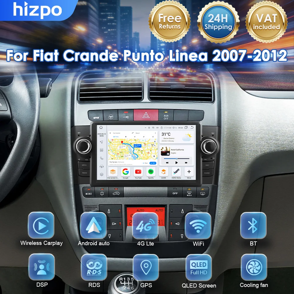 Monitor Radio CarPlay Hizpo per FIAT Grande Punto Linea 2007 - 2012, Sistema Intelligente per Auto, Unità di Navigazione GPS Stereo 2DIN