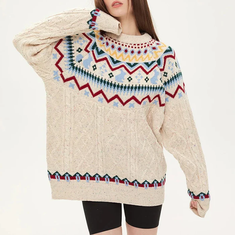 

2024Y2K Autumn/Winter Ethnic Style New Casual Top Knitted Sweater Splicing Ethnic Clothing Sweater Top Warm Cartoon Sweater Fash