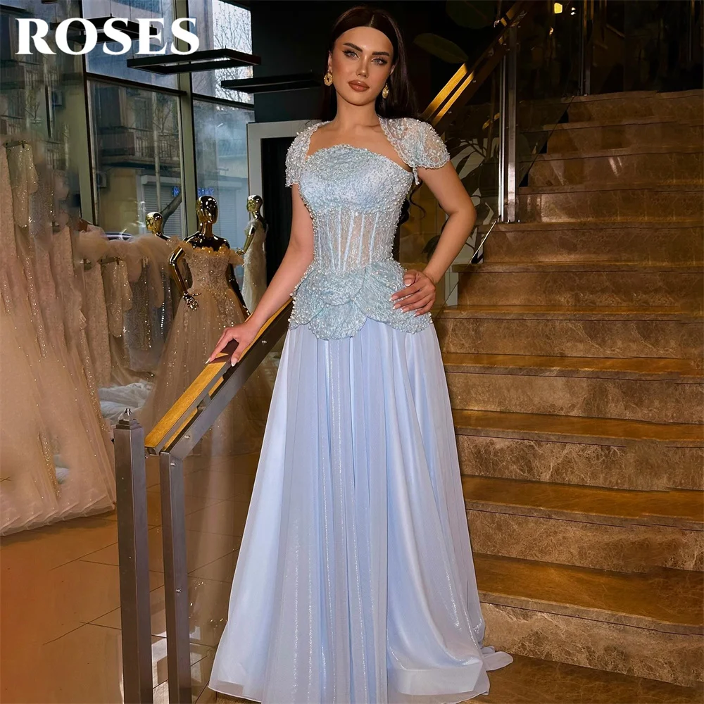ROSES Hellblaue Ballkleider, schulterfreie Abendkleider, mit Perlen verziert auf der Brust, Partykleider, A-Linie, Robe De Soirée, individuell gestaltet