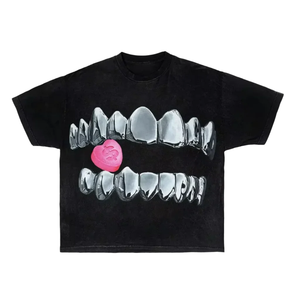Chic Lips Golden Teeth Vintage Tee Rock Goth Casual Summer Short Sleeve High Street Oversized T Shirt Harajuku Graphic Print