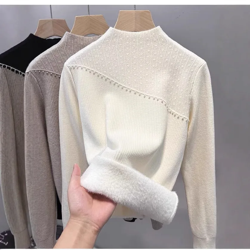 Cross-Border Fleece-Lined Thickened Half-High Collar Base Shirt Autumn Winter New One-Piece Fleece Sweater Women's High-End