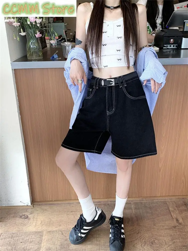 Summer Women's Black High Waisted Wide Leg Mid Length Pants Young Girl Bottom Female Bright Line Decoration Black Denim Shorts