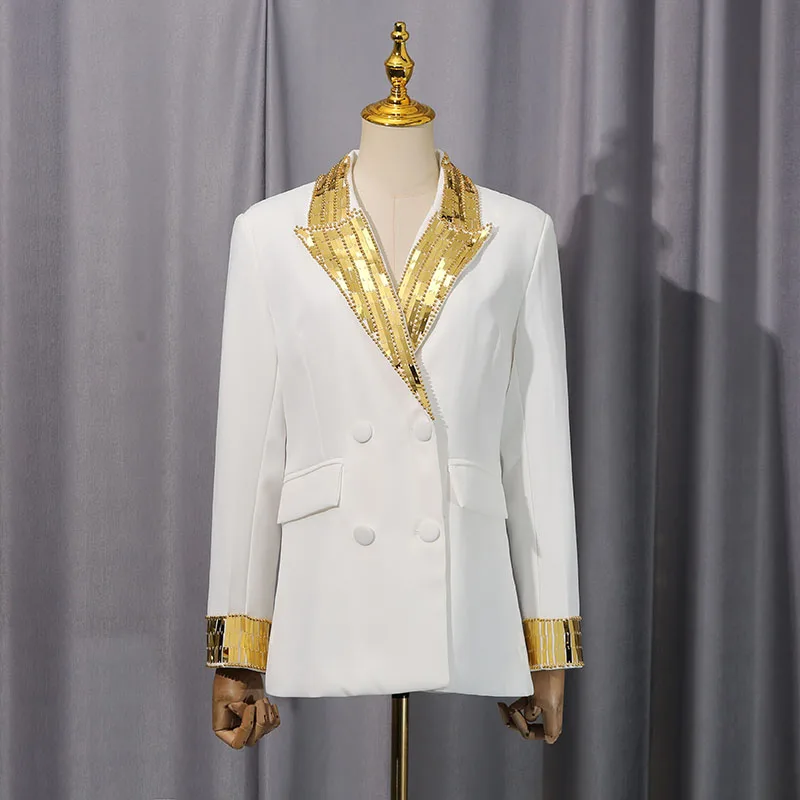 KBQ Hit Color Spliced Button Chic Blazer for Women Notched Collar Long Sleeve Patchwork Button Patchwork Beading Bazer Female