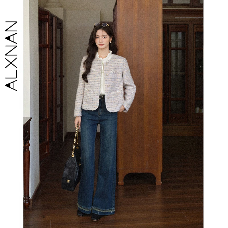 ALXNAN violet veste courte femmes 2025 automne hiver nouveau rayé col rond droit laine veste décontracté élégant vestes L57926