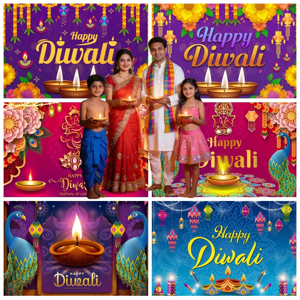 

Happy Diwali Backdrop India Festival of Lights Peacock Diwali Photography Background Indian Deepavali Light Diyas Decor Supplies