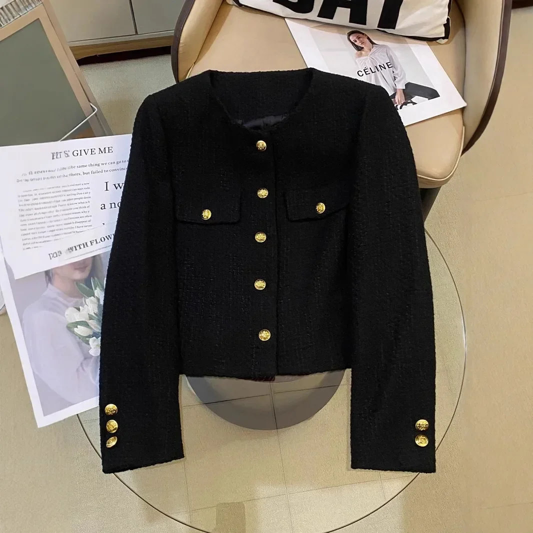 PopFrench Coarse Tweed Fleece Black Top 2024 Autumn/Winter Korean Style Thickened Cropped Tweed Jacket For Women Trendy