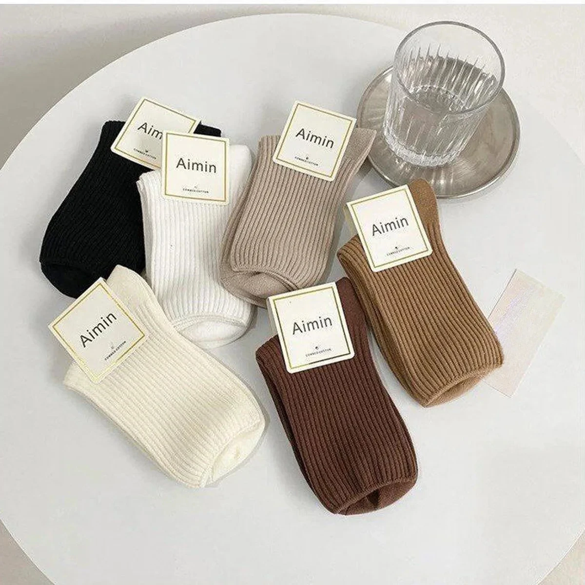 

6 Pairs of Women's Stockings Spring and Autumn New Vertical Striped Stockings Brown Two-pin Drawstring Pile Socks