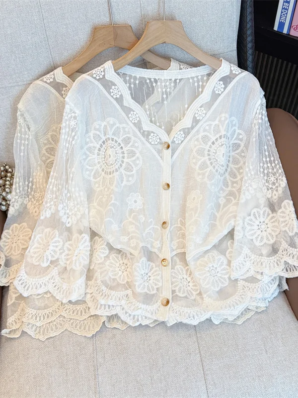 Elegant Embroidered Lace Shirt Women's Spring Summer plus Size Hollow out Button up Top French Style Straight Cut Thin Fabric