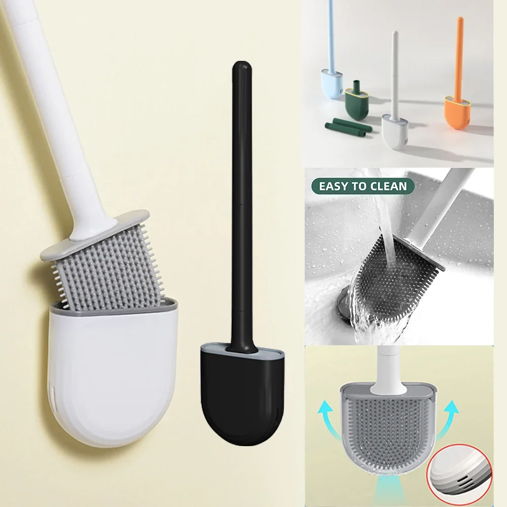 Wall Mounted Toilet Brush Silicone Flat Head Toilet Brush Cleaner Set Toilet Cleaning Brush Bathroom