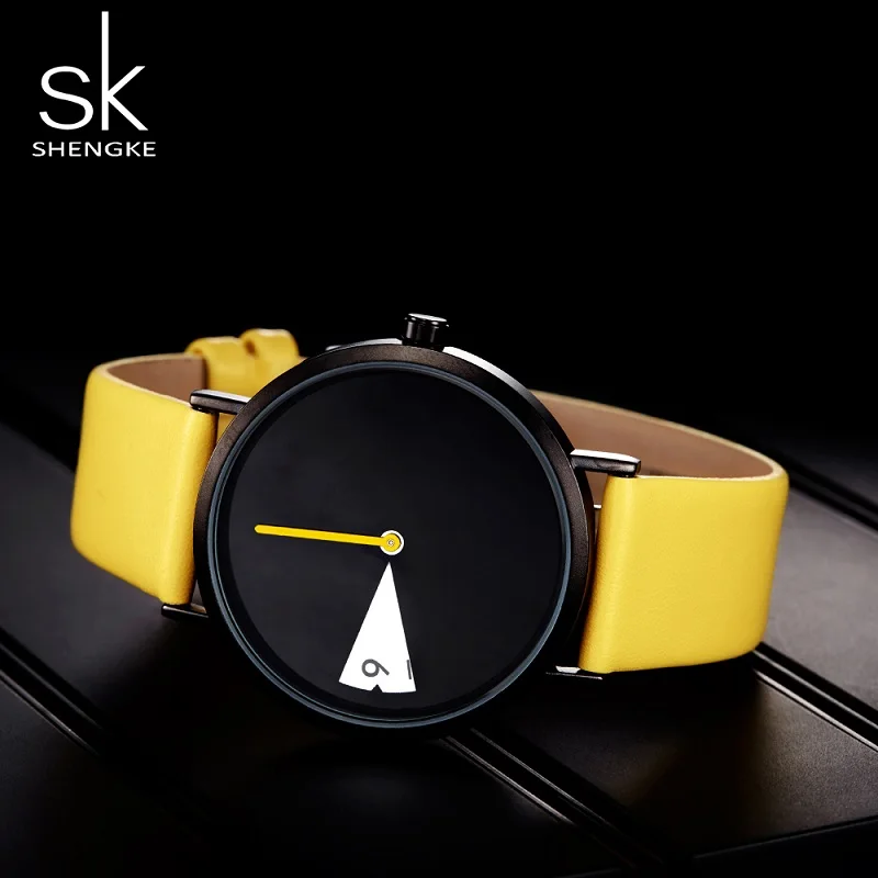 Shengke Hot Women Watch Creative Wristwatch Ladies Watch Rotate Yellow Leather Band Wristwatches Clock Montres Femme Reloj Mujer