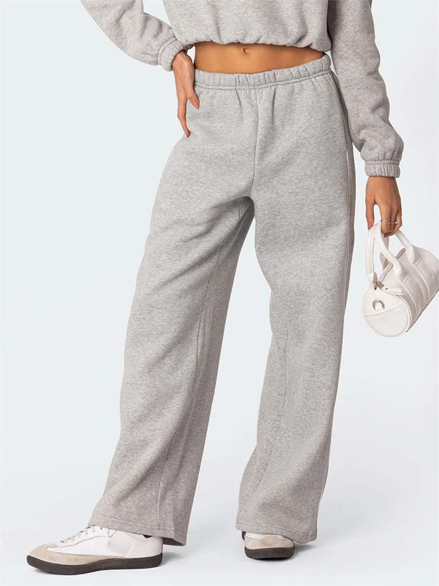 Women Casual Baggy Sweatpants White Trim Elastic Waist Loose Sports Trousers Wide-leg Workout Pants with Pockets