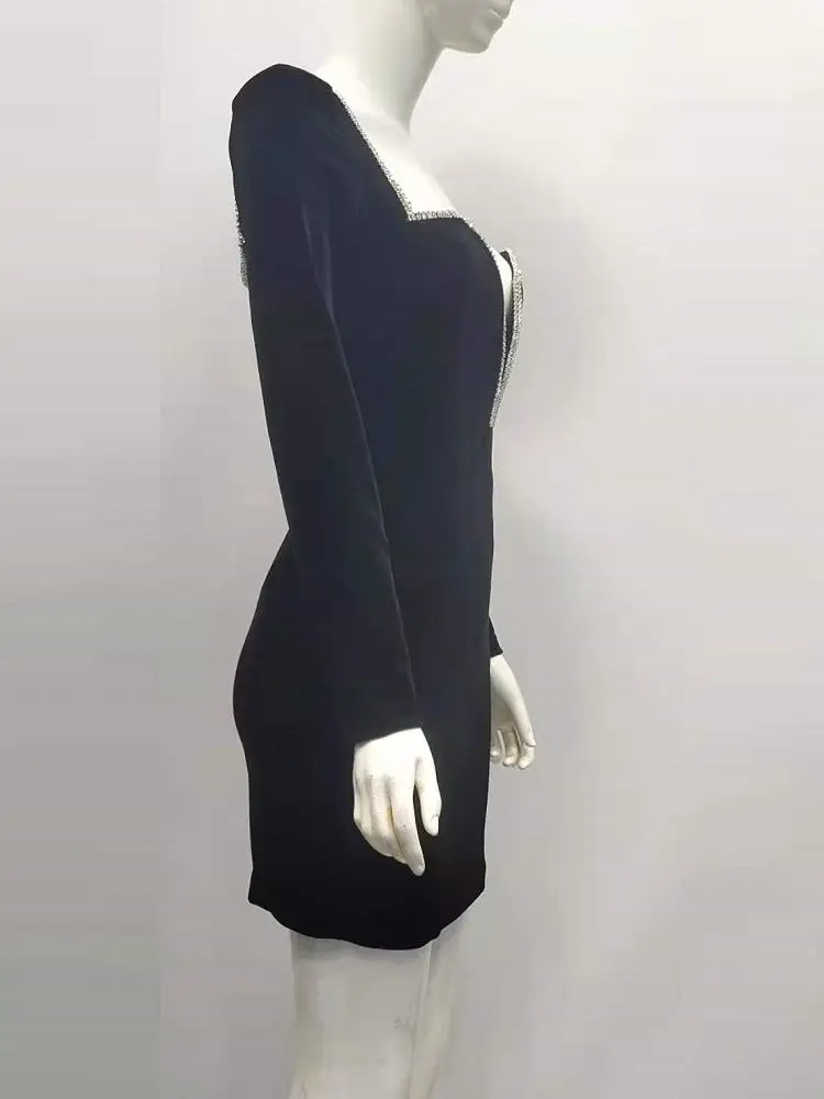 Vestido de lujo de manga larga con cristales de diamante negro para mujer, vestido de noche ajustado para invierno, Vestidos de boda y cumpleaños