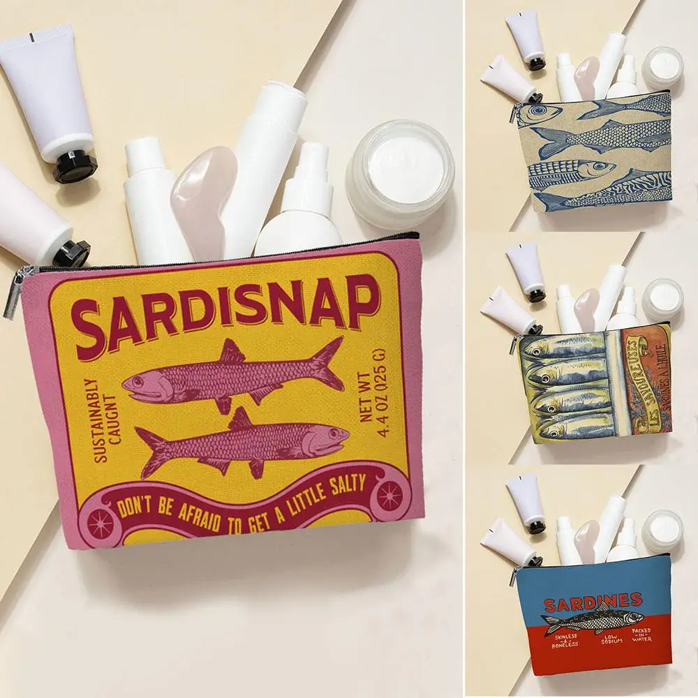 

Retro Unisex Polyester Cosmetic Pouch Zippered Wallet Case With Sardines Print Design Portable Makeup Bag Medicine Organizere