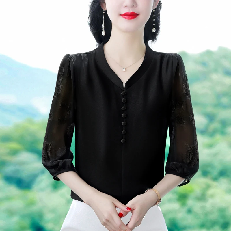 2025 Spring Summer Women Tops Patchwork Silk Chiffon Blouse 3/4 Sleeve Elegant Fashion Office Lady Jacquard Shirt Blusa - Image 6