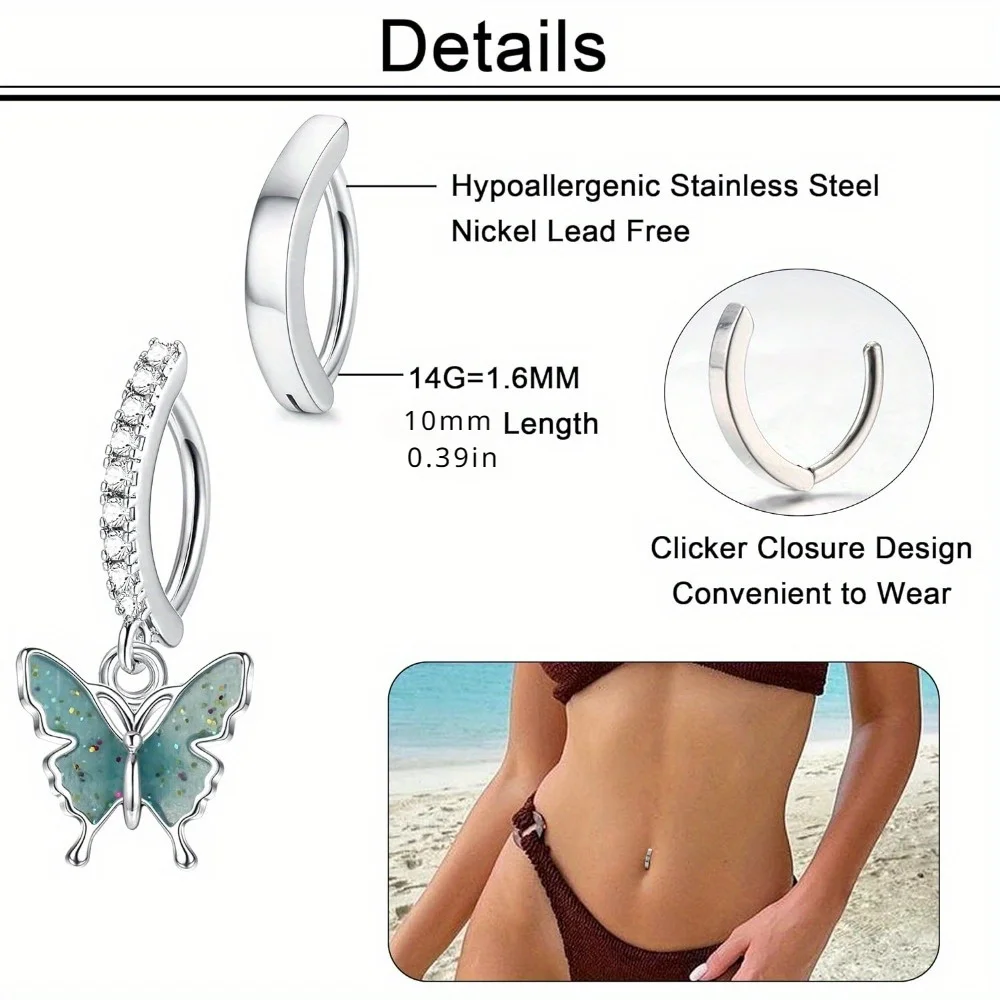 FINREZIO 1Pc Surgical Steel 14G Dangle Clicker Belly Button Rings Women CZ Opal Simple Reverse Navel Ring Body Piercing Jewelry