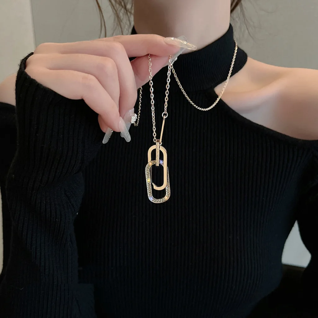 Fashion Cubic Zirconia Geometric Loop Pendant Long Charms Necklace Temperament Sweater Chains Exquisite Golden Jewelry Accessory