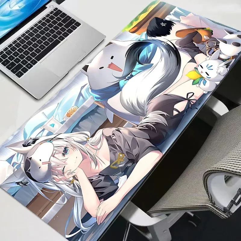 Large Waifu 90x40cm White Hair Fox Girl Extra Large Thick Mouse Pad Non Slip Rubber Base Stitched Edge Desk Mat For PC Laptop