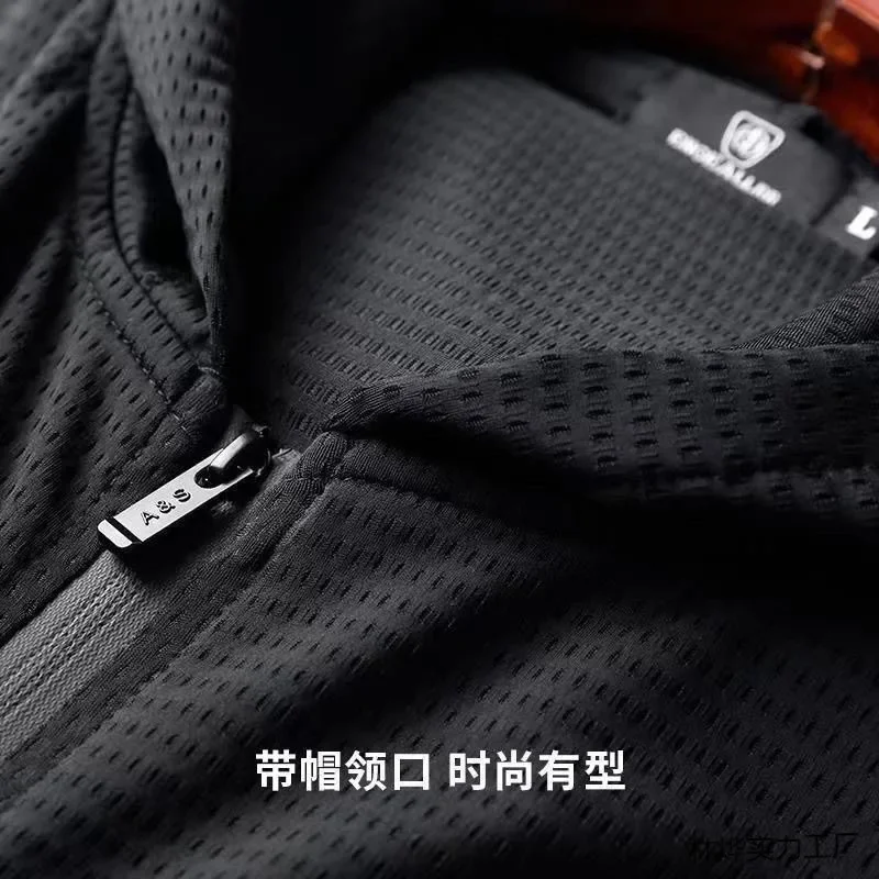 2025 summer thin ice silk short sleeved hooded T-shirt men's half sleeved zipper loose cardigan mesh sports sweatshirt