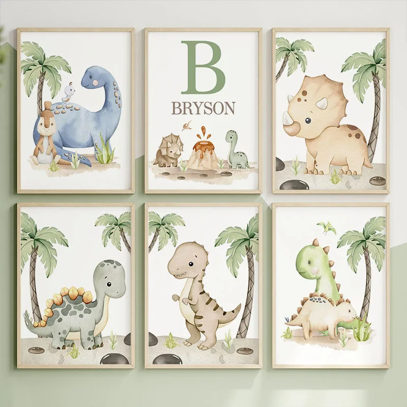 Personalized Custom Name Cartoon Dinosaur Wall Art Print Pictures Dino Canvas Poster Painting For Living Child Room Home Decor