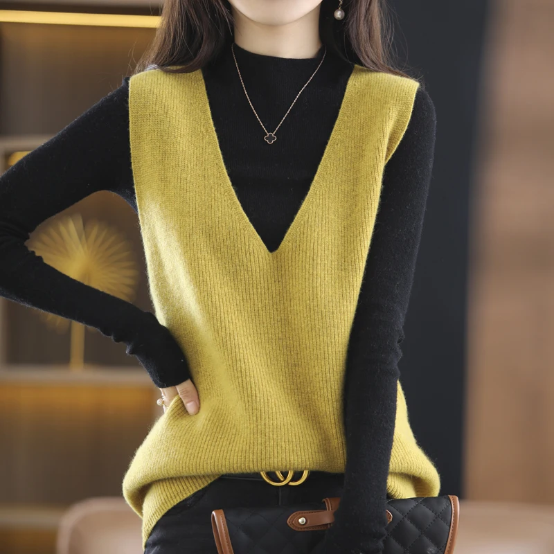 2022 Spring Autumn Women\'s 100% Pure Wool Knitted Vest Solid Loose Sweater Waistcoat Female Large Size Pullover Sleeveless Tops