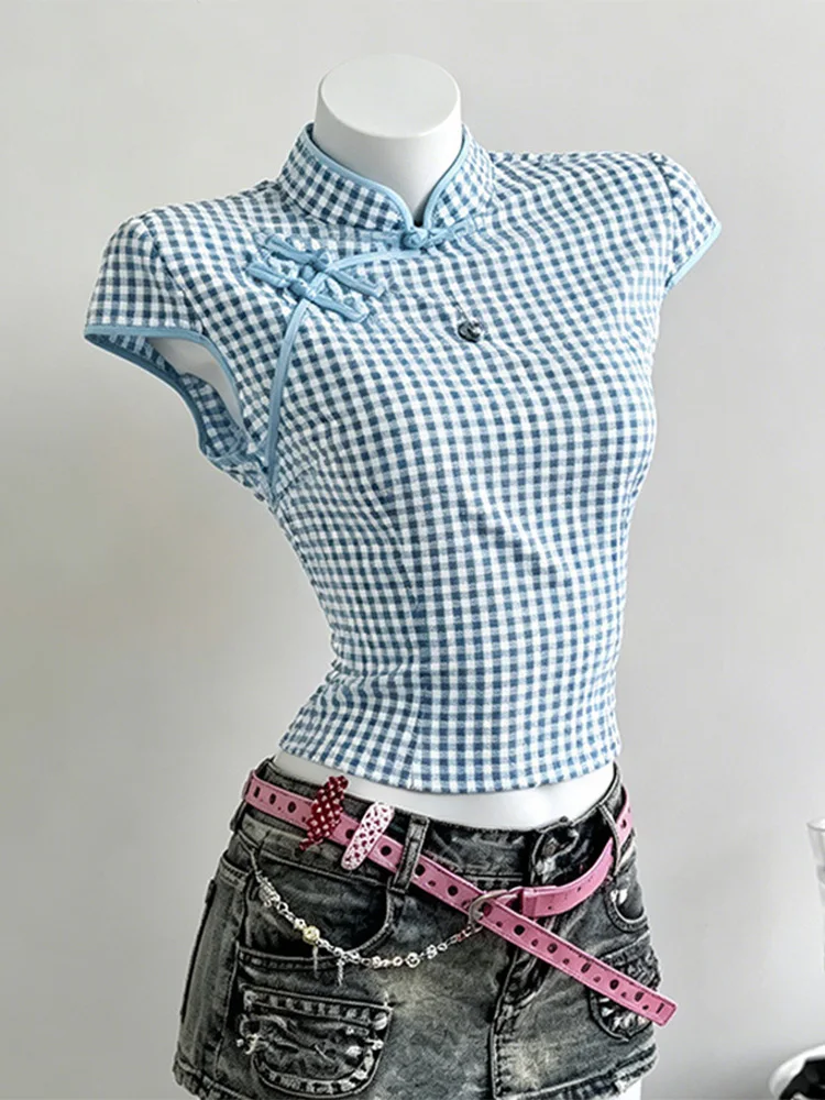 Summer Women Y2K Coquette Chinese Style Gingham Check Mandarin Collar Frog Button Cap Sleeve Slim Cropped T-Shirts