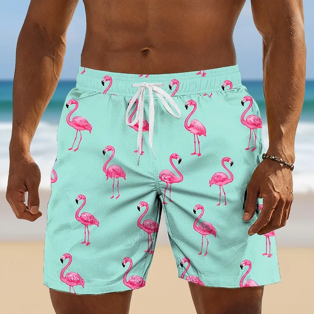Men's Mint Green Flamingo Print Drawstring Shorts, Casual Loose Fit for Spring Summer Daily & Beach Vacation Wear