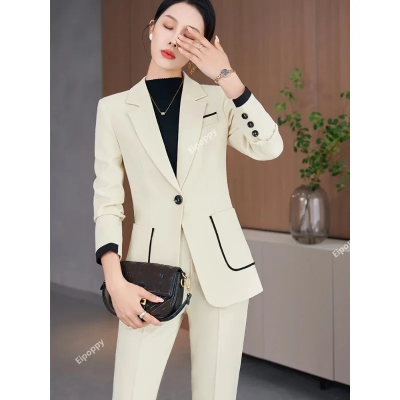 2024 New Khaki Black Beige Women Pant Suit Ladies Blazer e pantaloni donna formale lavoro aziendale 2 pezzi Set con tasca