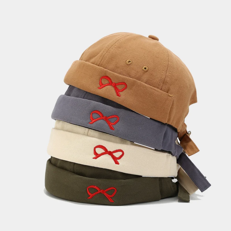 Japanese Cute Bow Embroidered Skull Cap Women Korean Street Retro Fashion Landlord Hat Brimless Docker Beanie