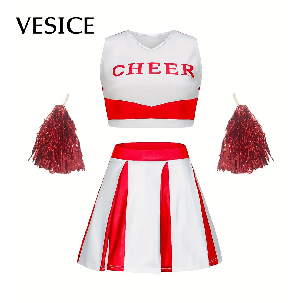 Kids Girls Cheerleading Dance Costume Sleeveless V Neckline Letters Printed Flower Balls Uniform Stand Collar Cheerleader Outfit