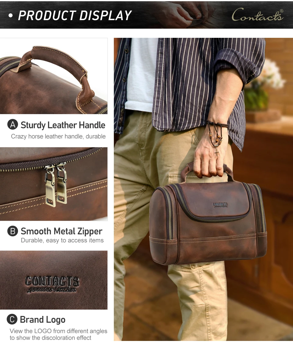Männer Echtes Leder Reise Business Kulturbeutel Rasieren Tasche Frauen Retro Kosmetik Waschen Dusche Organizer Handtasche Große Kapazität – Detail 11