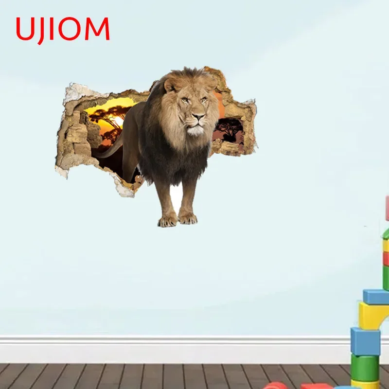 UJIOM 13cm X 10.2cm Lion Animal 3D Tear Wall Stickers Waterproof Personality Kids Room Bedroom Decal Home Decor Wallpapers