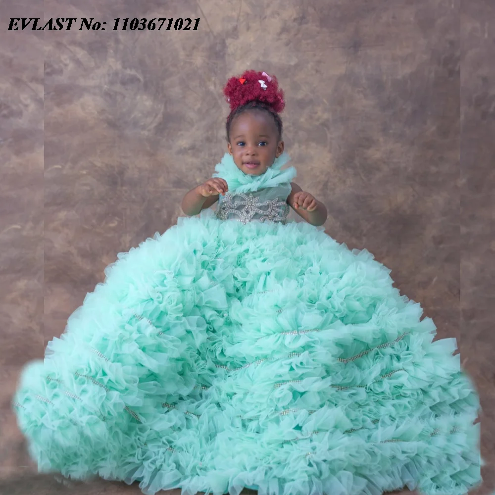 

EVLAST Customized Sage Ruffles Flower Girl Dress For Weddings Tiered Crystals Beaded Girls Pageant First Communion Gowns FD36