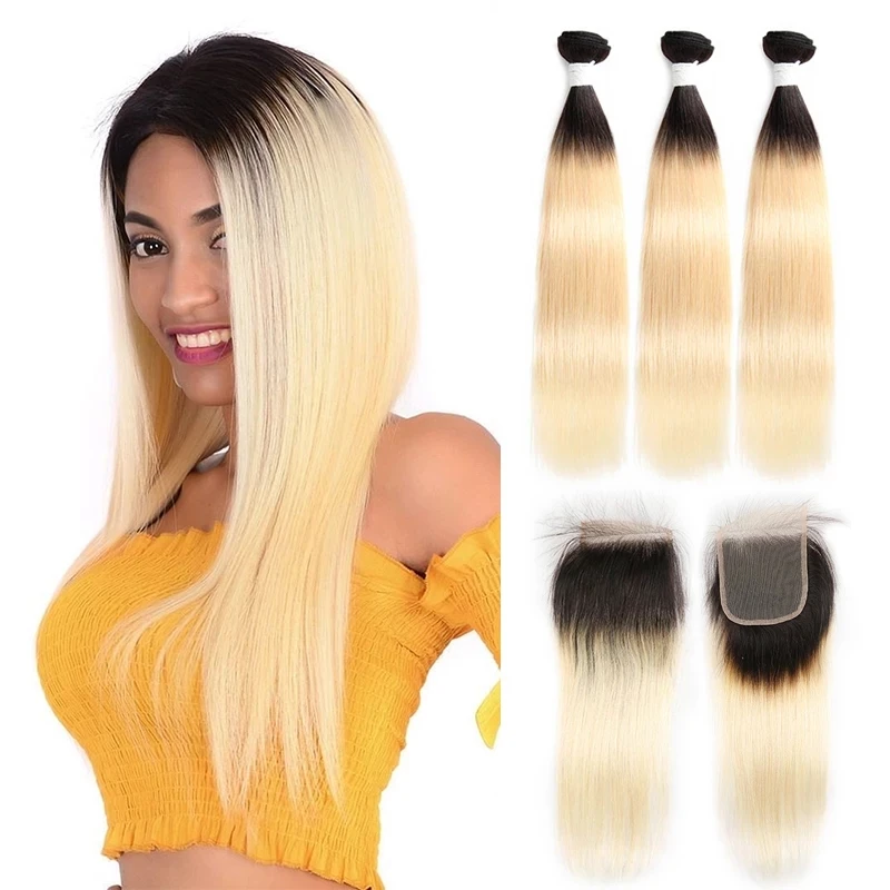 1B 613 Straight Hair Bundles With Closure 4x4 Brazilian Remy Human Hair Bundles With Lace Closure Ombre Platinum Blonde EUPHORIA