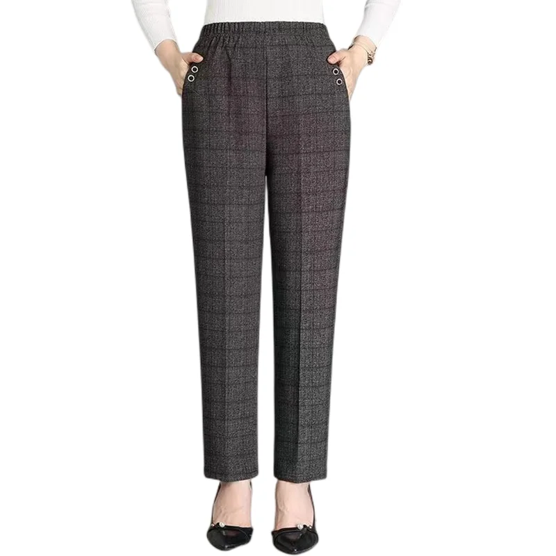 Pantaloni casual a gamba dritta a vita alta per donne di mezza età e ly Pantaloni da mamma con motivo scozzese larghi foderati in Fce
