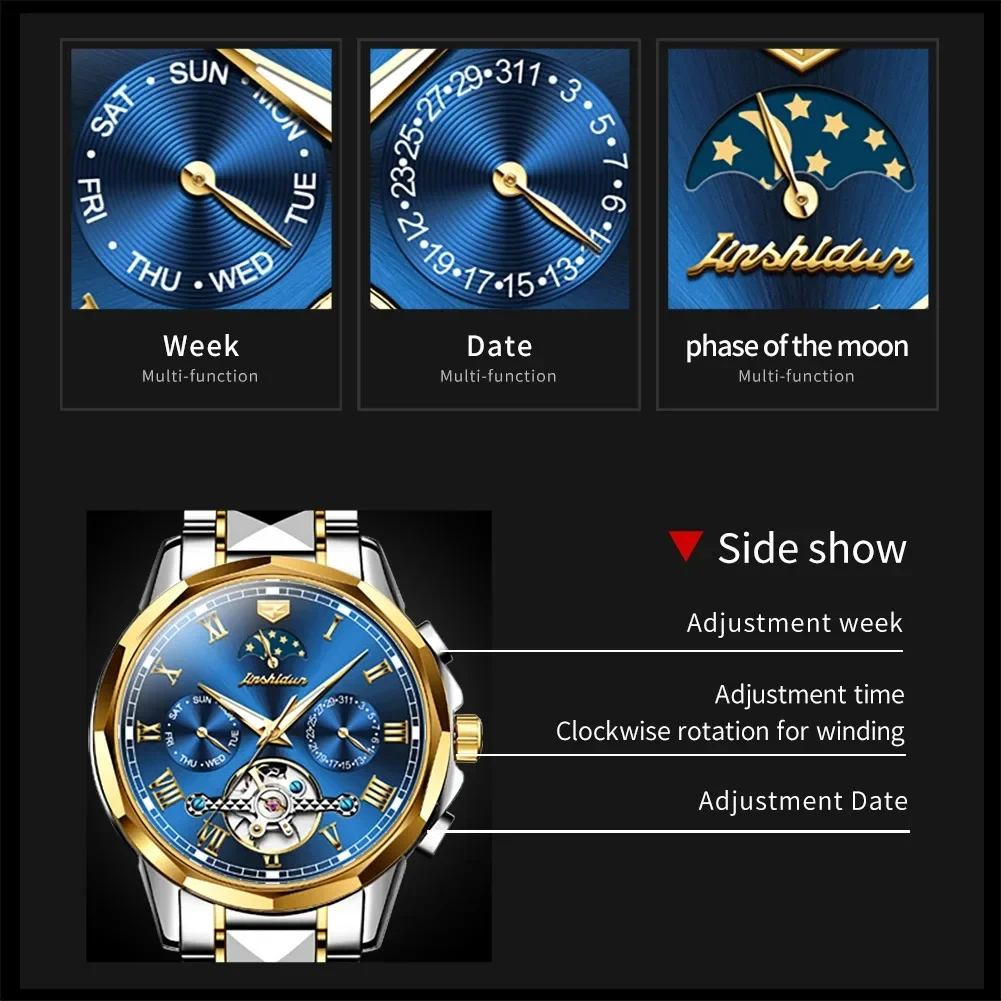 Imagem -04 - Jsdun-homens Relógios Mecânicos Automáticos de Pulso Relógios de Aço Inoxidável Fase da Lua Calendário Impermeável Moda 8937
