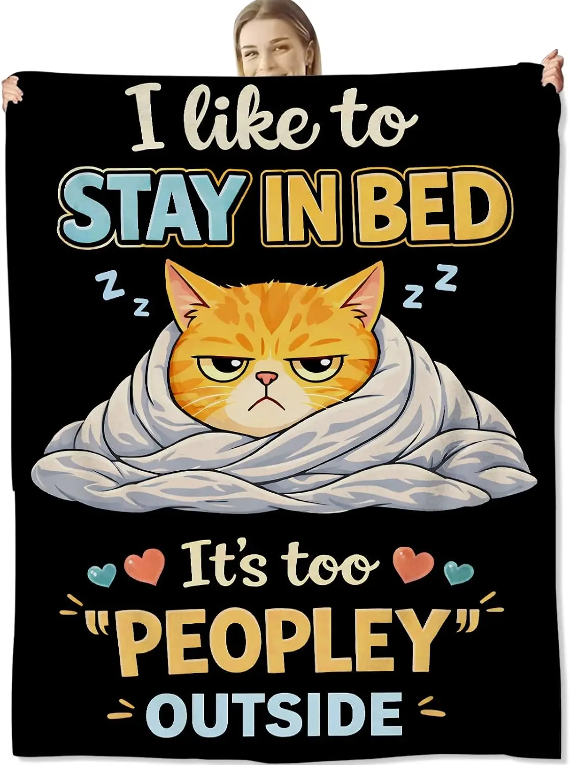 Grumpy Orange Cat Sleep Quote Heart Black Base Flannel Throw Blanket, Soft Warm Sofa Cover, Pet Gift For Bedroom Daily Rest Use