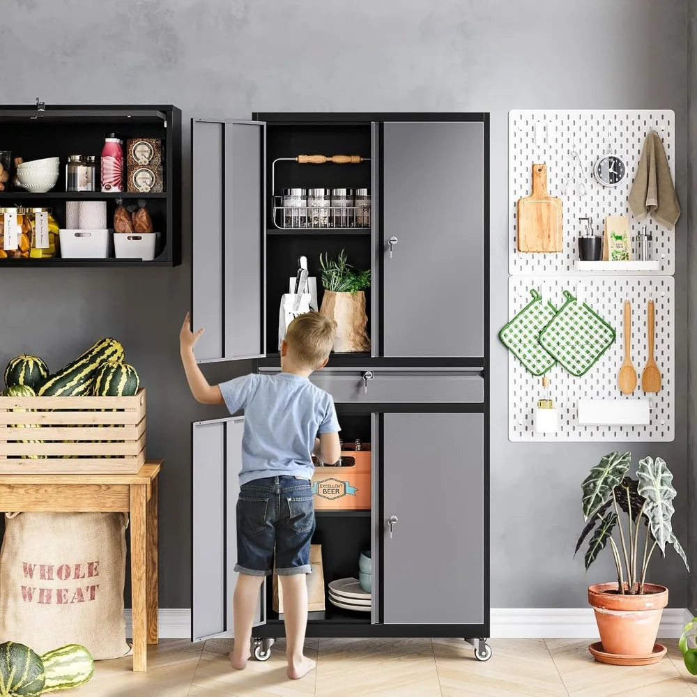 Gabinete de almacenamiento con ruedas de metal con cajones y puertas, unidad de almacenamiento de garaje alta para organización en sótanos y talleres