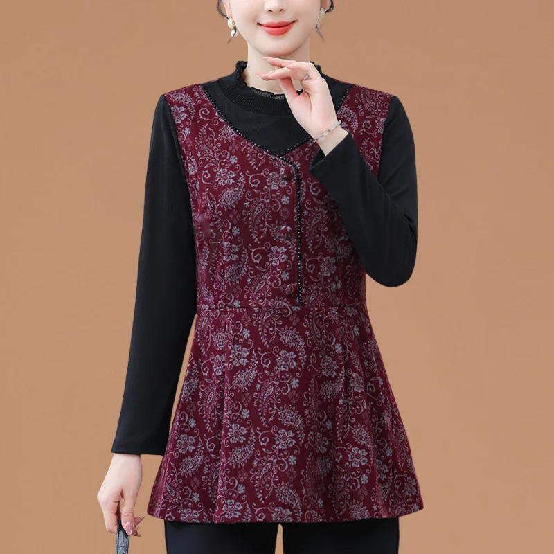 Long Sve Middle-Aged Mothers Spring Autumn Faionable Beautiful Belly Top Loose T-irt TT255