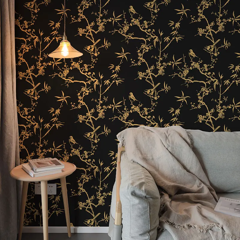 Retro Black Leaf Wallpaper Self-adhesive Waterproof Wallpapers Modern Peel and Stick Furniture Stickers Bedroom Home Decoration
