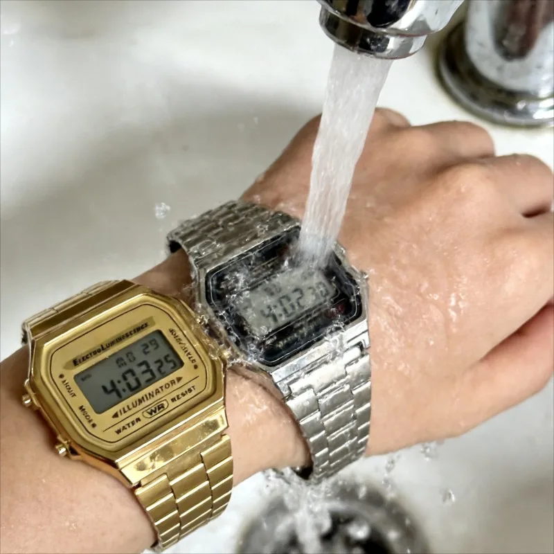 

Спортивные часы золотого и серебряного цвета для мужчин и женщин, светодиодные цифровые наручные часы в стиле ретро со стальным ремешком, модные повседневные часы