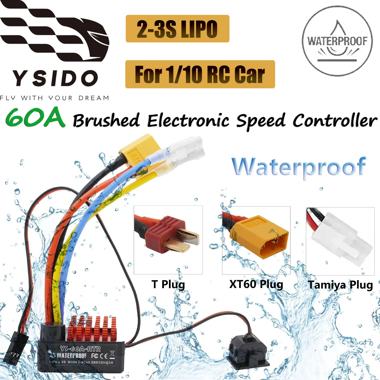 

YSIDO Waterproof YS-60A-RTR 60A ESC Brushed Speed Controller 2-3S LiPo BEC 6V/3A for 1/10 Traxxas HSP TRX4 TRX6 D90 RC Truck Car